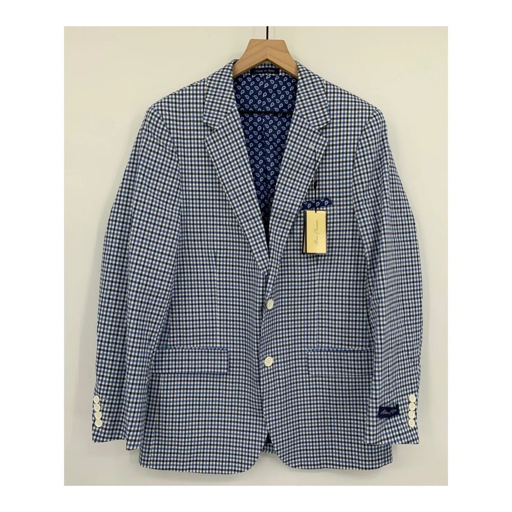 Alan Flusser Blazer Mens 40R Blue Gingham Check Cotton Paisley Lining New
